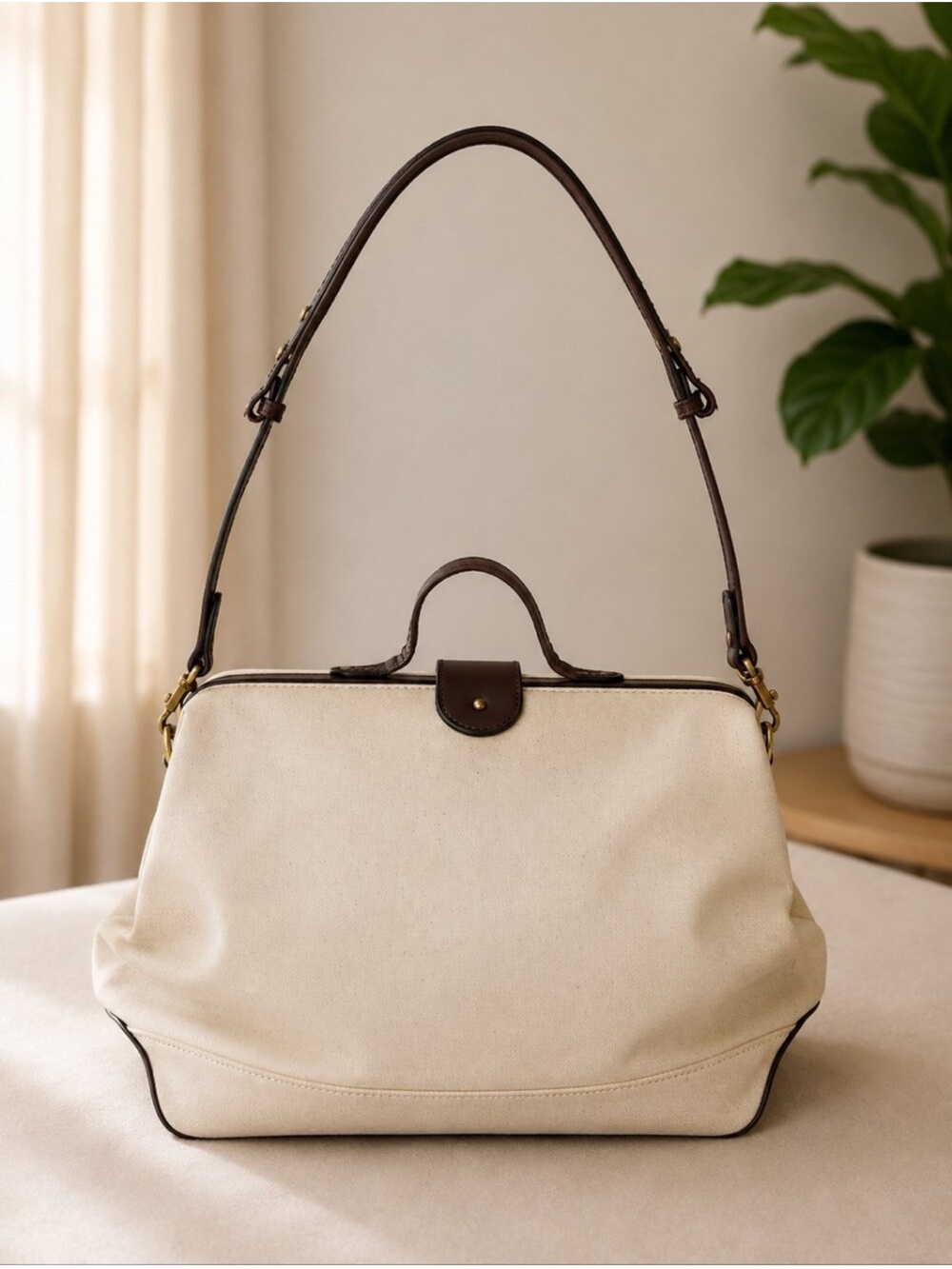 kate spade Cream Canvas Shoulder Doctor Bag with Dark Brown Trim